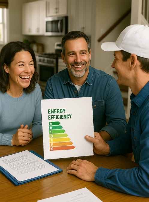 Barrier South representative discussing energy saving with the clients.