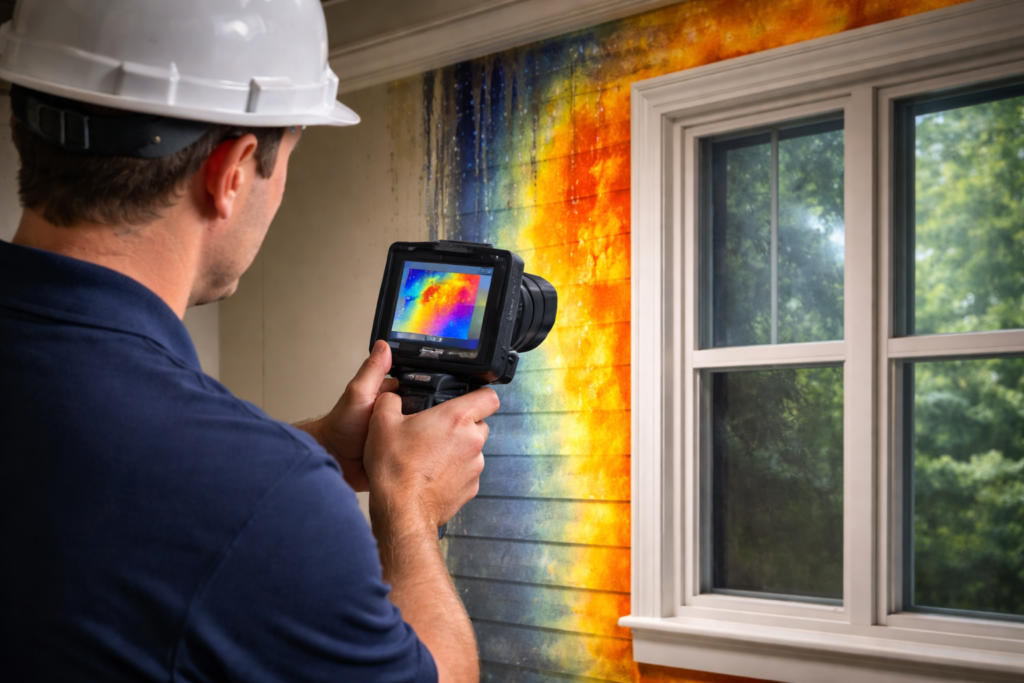 Infrared camera showing moisture intrusion and air leaks in a home’s wall assembly.