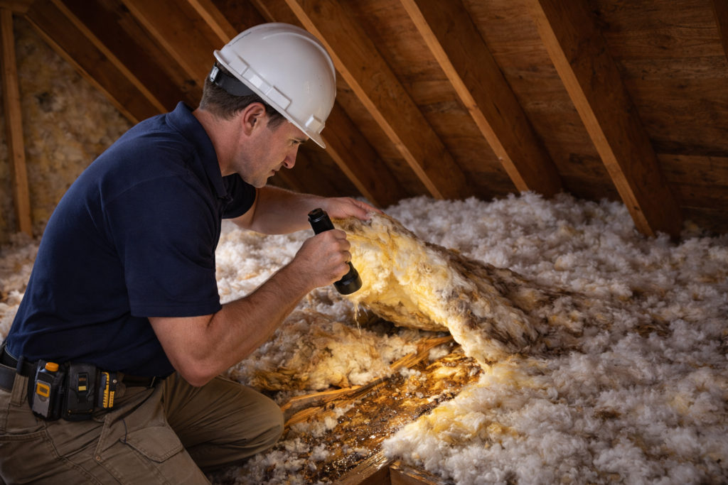 Technician inspecting attic insulation