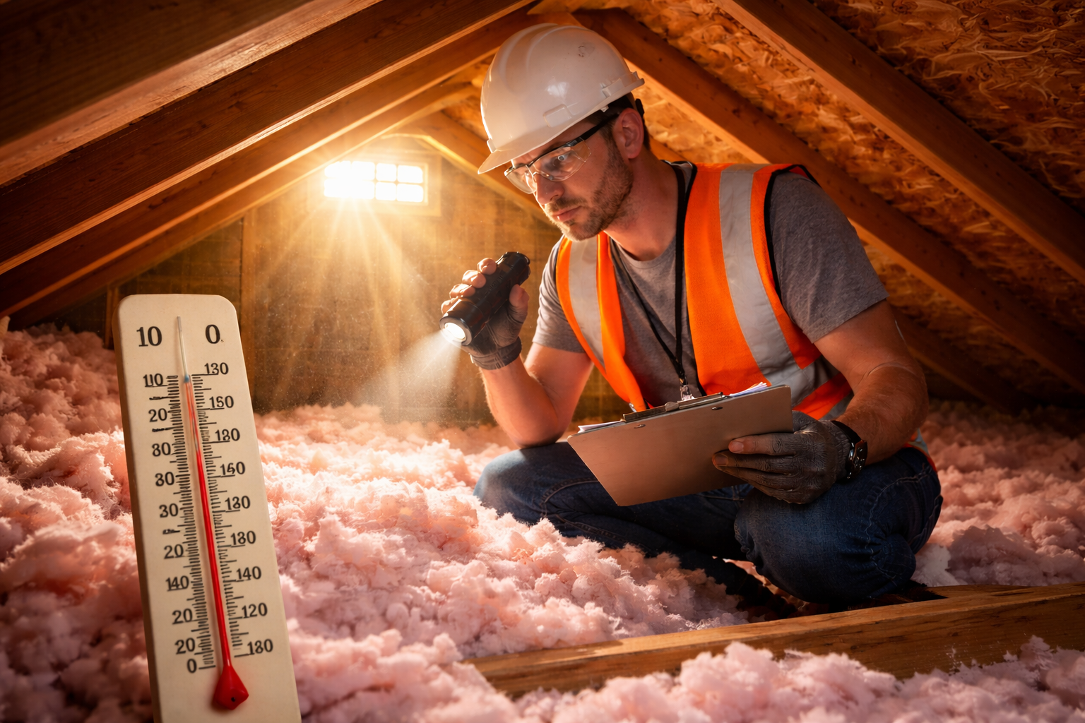 Technician checking attic insulation levels in hot weather