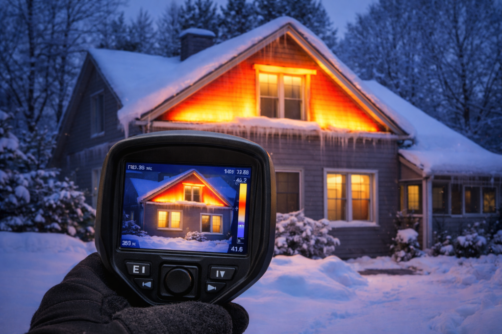 Thermal camera detecting heat loss through insulated roof