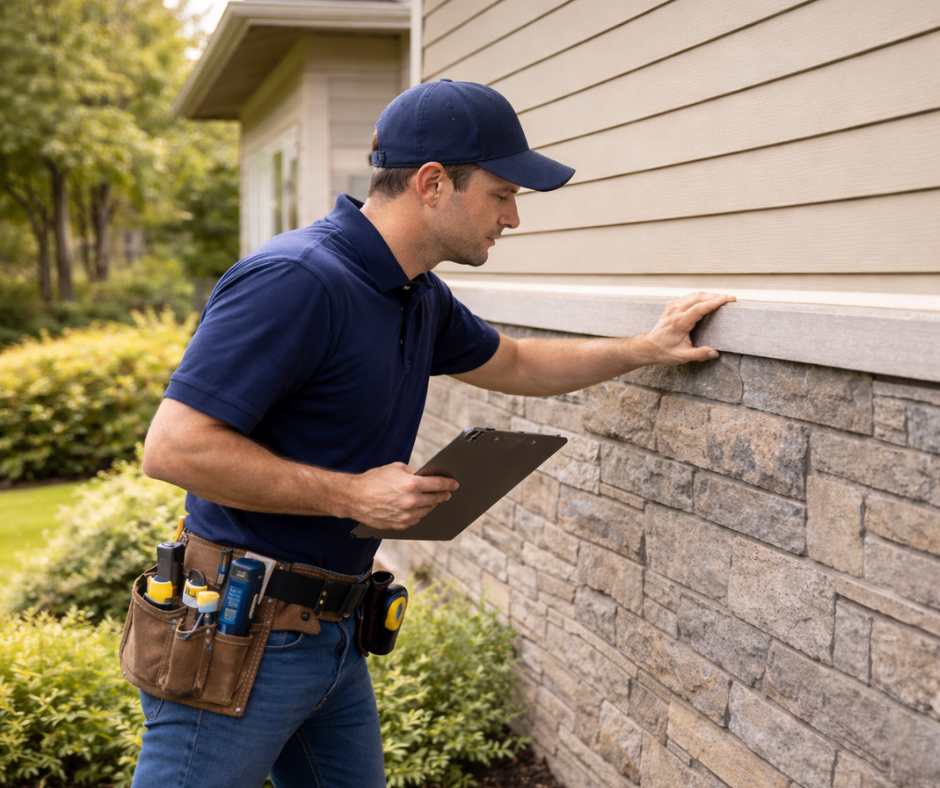 Building envelope inspection at exterior wall and window of an energy-efficient home