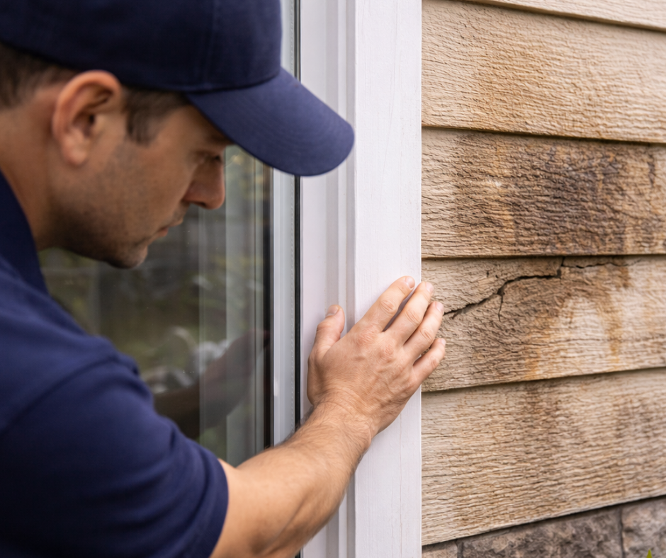 Contractor inspecting moisture damage and cracks in exterior siding of a home