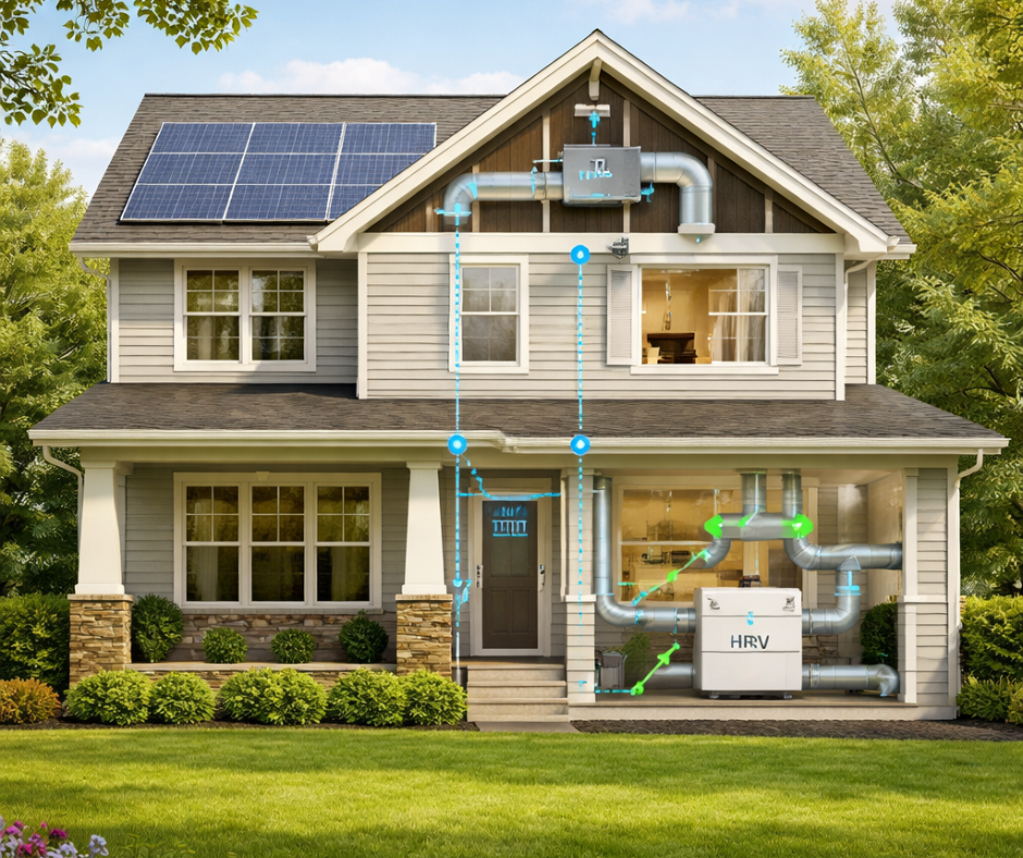 Energy-efficient home with sealed building envelope and visible mechanical ventilation system maintaining balanced indoor airflow