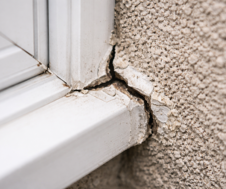 Cracked sealant joint between window frame and wall showing adhesion failure and material separation