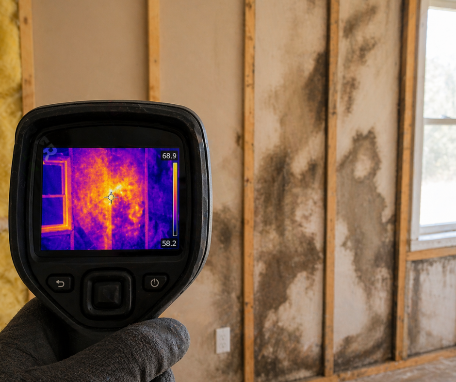 Person holding a handheld thermal imager showing heat patterns on a moldy wall in a partially finished room with exposed studs.