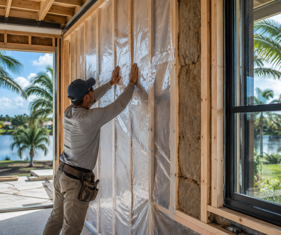 Contractor installing a vapor barrier over insulated wall framing inside a home under construction in a hot, humid coastal climate