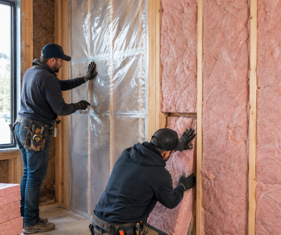 Contractors installing insulation and vapor control layers during residential wall construction.