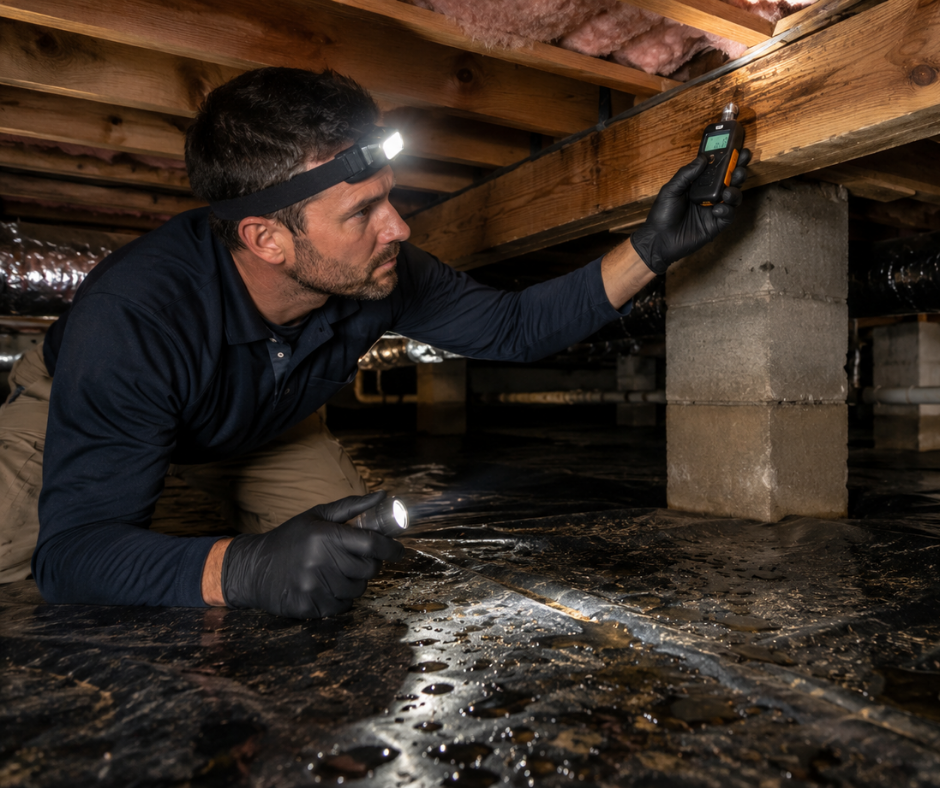 Building performance specialist checking crawl space moisture after heavy rain