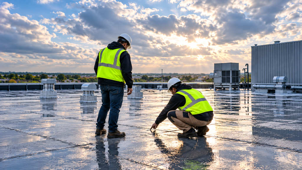 Industrial building waterproofing inspection on a large commercial roof