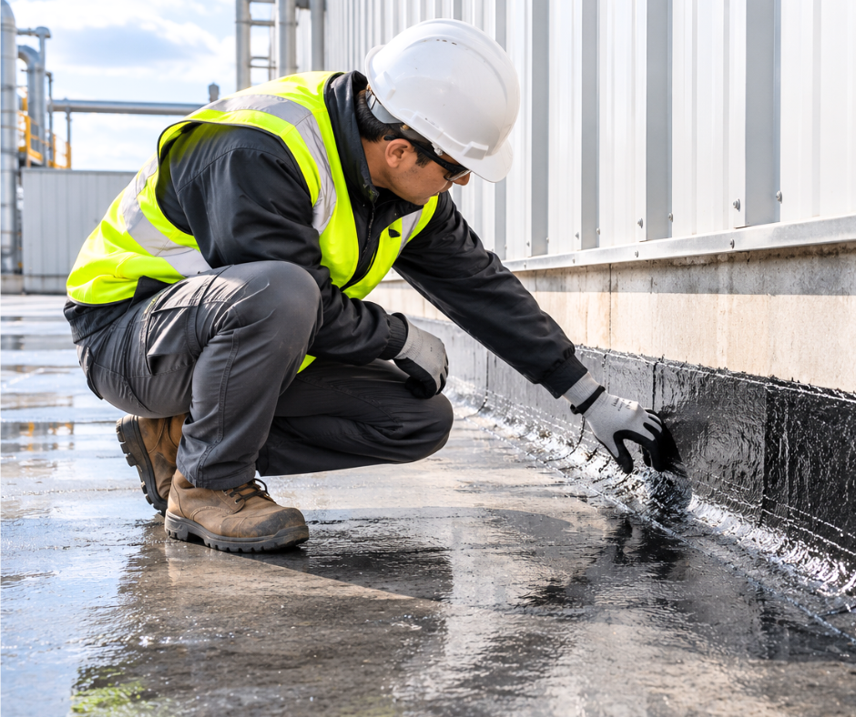 Technician inspecting industrial building foundation for moisture intrusion